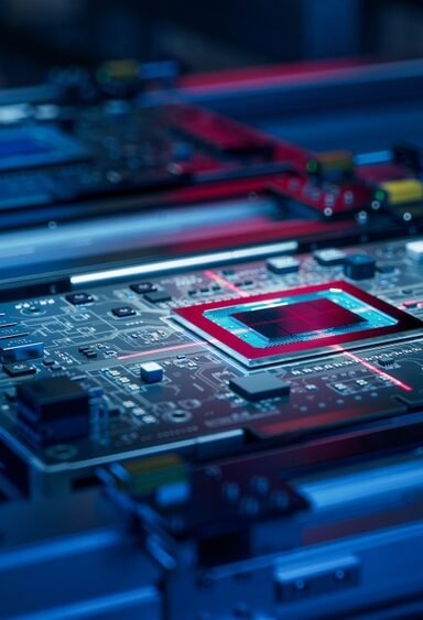 Printed,Circuit,Board,With,Advanced,Processing,Unit.,Conveyor,On,Electronics